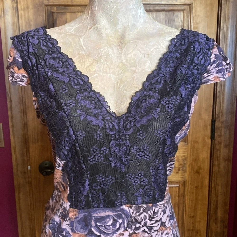 Intimately Free People Purple Lace floral jersey stretch slip night dress Sz L